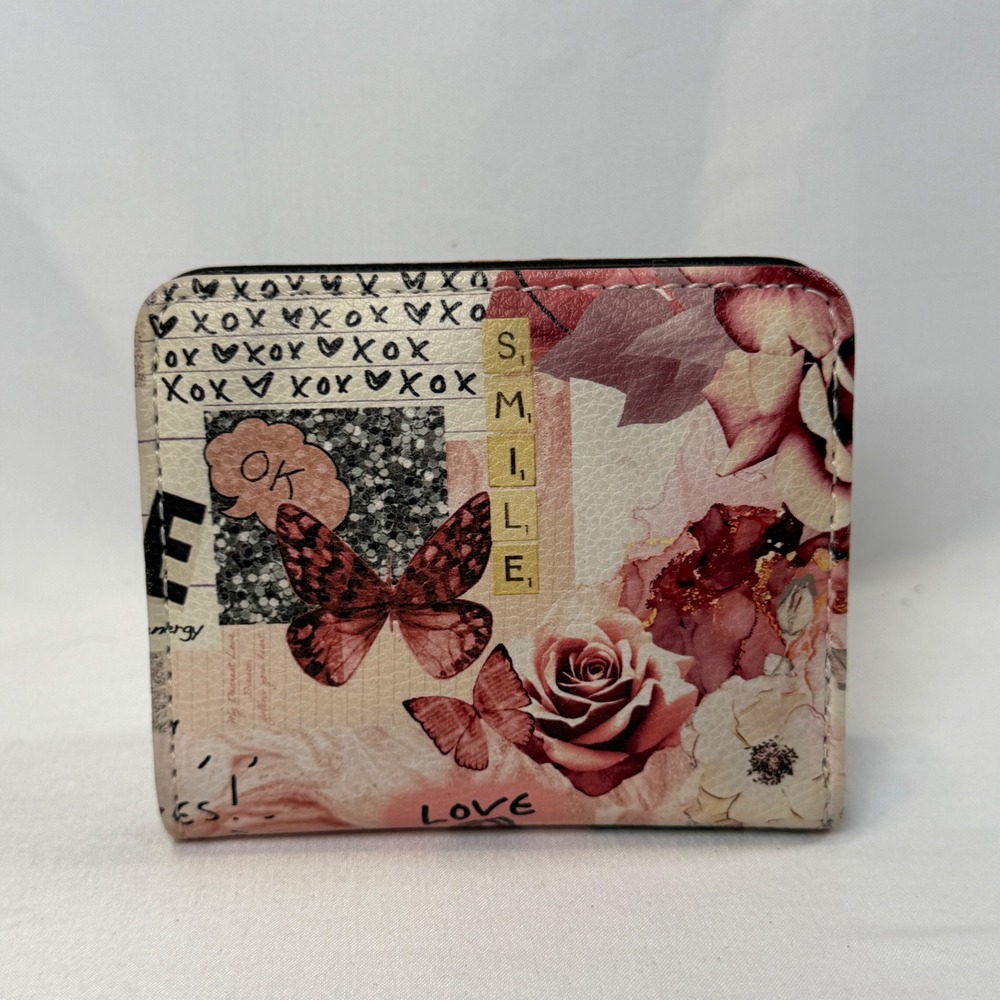Luv Betsey Bifold Wallet Womens Small Pink Butterfly Floral Collage Smile XOXO